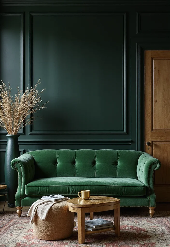 14 Green Sofa Living Room Ideas for Fresh Modern Color 7. Velvet Green Glam