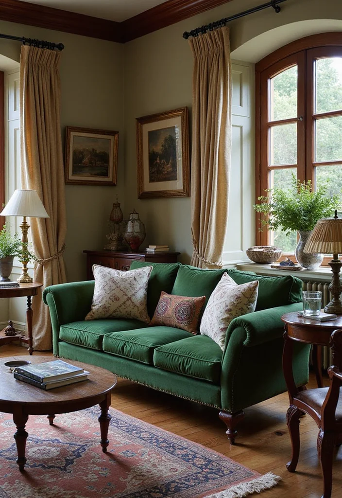 14 Green Sofa Living Room Ideas for Fresh Modern Color 8. Traditional Hunter Green