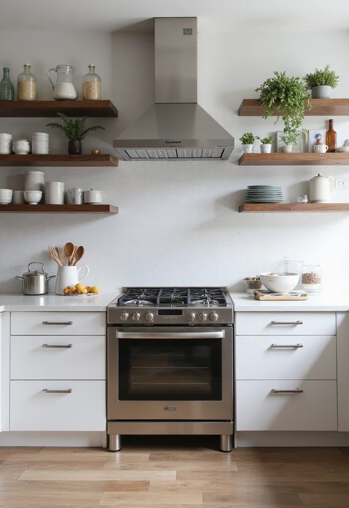 14 Kitchen Range Hood Ideas for Stylish Functional Venting 7. Chic Open Shelving Integration