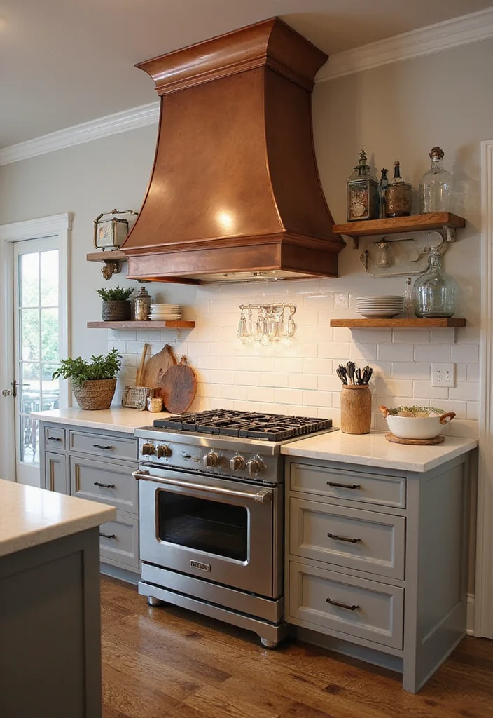 14 Kitchen Range Hood Ideas for Stylish Functional Venting 8. Elegant Farmhouse Copper Range Hood