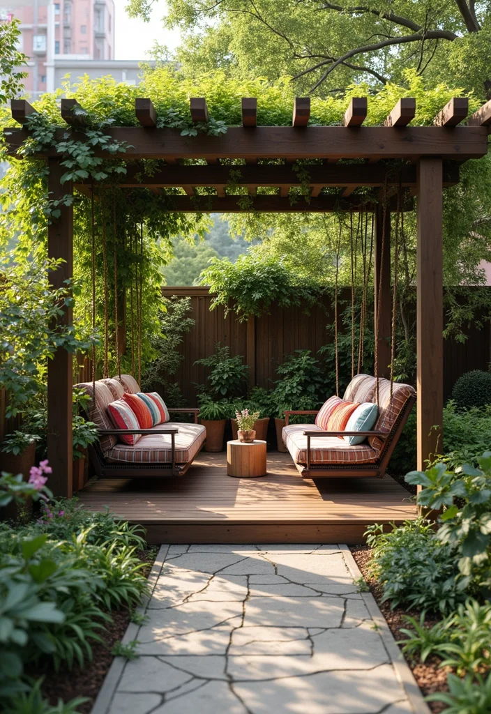 14 Pergola Ideas for Your Backyard Shade Ambience and Easy Style 11. Pergola with Swing Seats