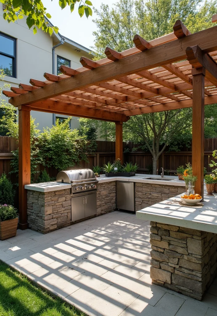 14 Pergola Ideas for Your Backyard Shade Ambience and Easy Style 7. Pergola with Outdoor Kitchen