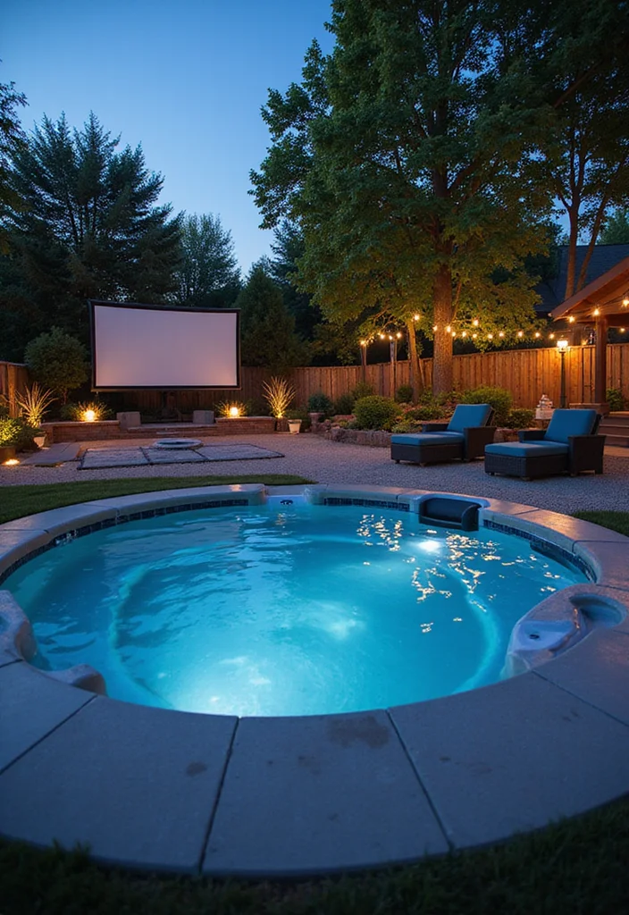 14 Swim Spa Backyard Ideas for Compact Relaxing Retreats 14. Outdoor Movie Experience