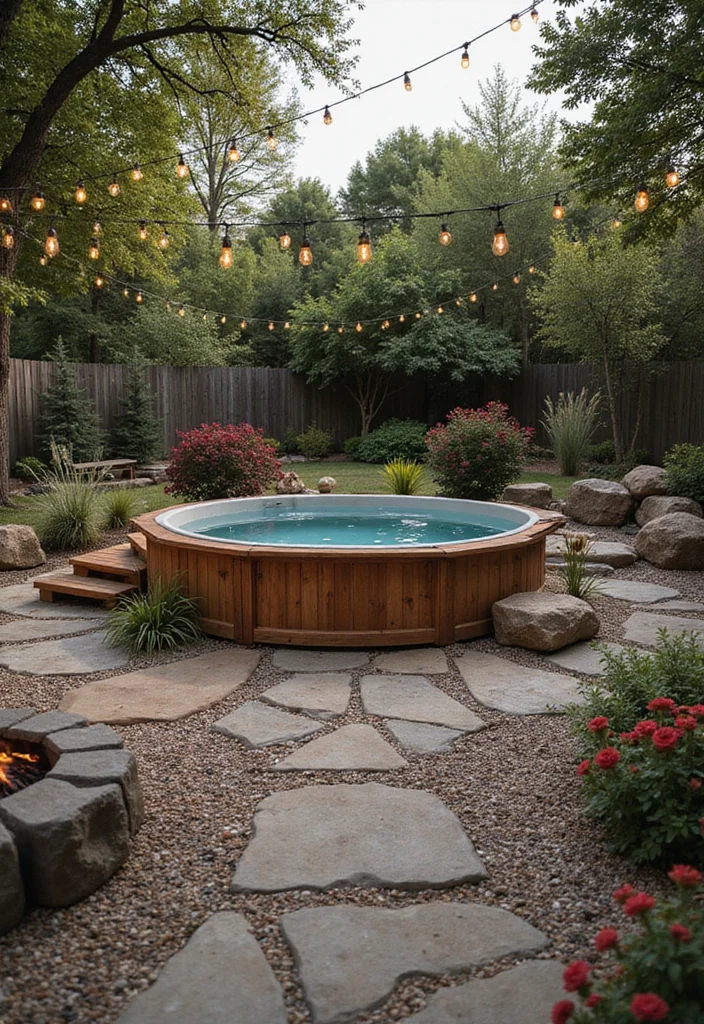 14 Swim Spa Backyard Ideas for Compact Relaxing Retreats 3. Rustic Charm with Natural Elements