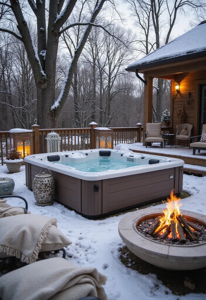 14 Swim Spa Backyard Ideas for Compact Relaxing Retreats 5. Cozy Winter Wonderland