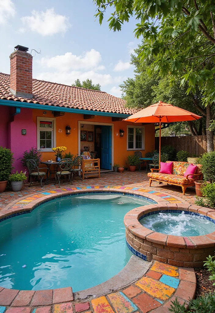 14 Swim Spa Backyard Ideas for Compact Relaxing Retreats 6. Colorful Fiesta Theme