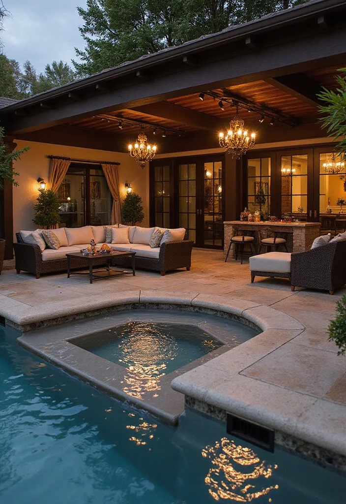 14 Swim Spa Backyard Ideas for Compact Relaxing Retreats 7. Elegant Outdoor Lounge