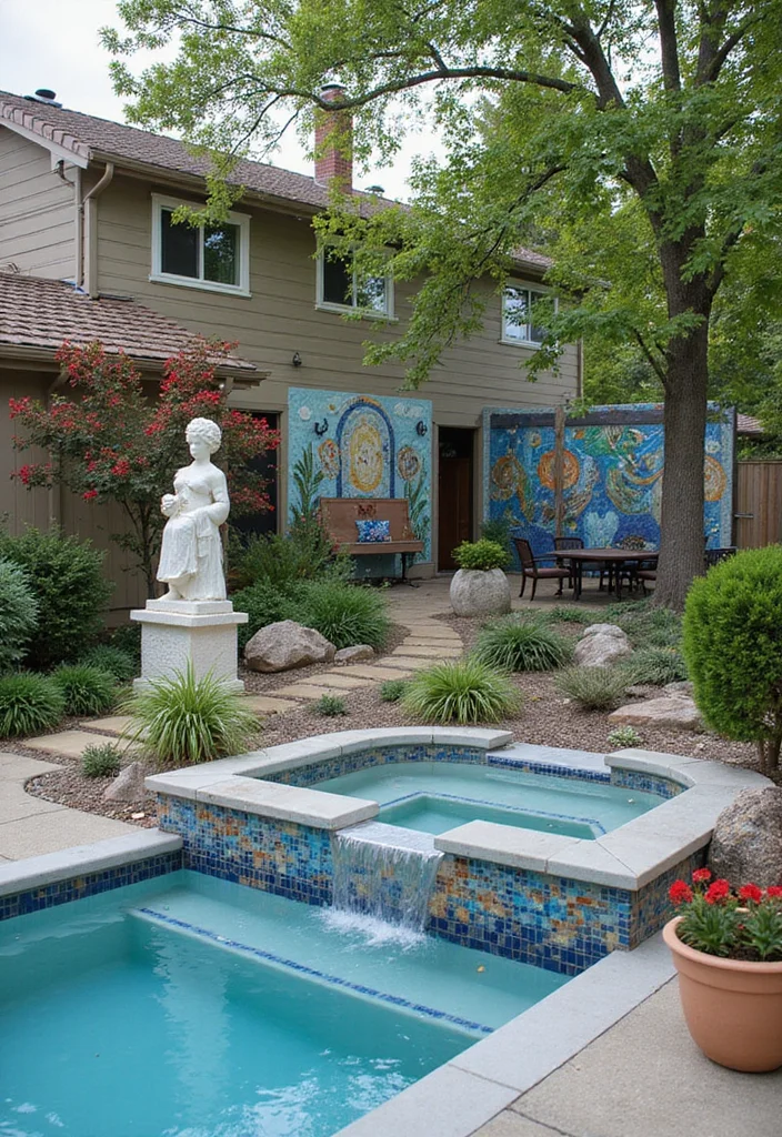 14 Swim Spa Backyard Ideas for Compact Relaxing Retreats 8. Artistic Touch with Murals