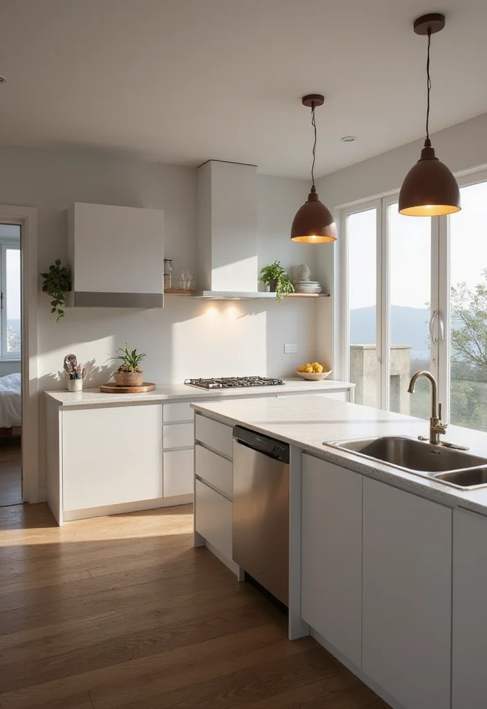 14 White Kitchen Ideas for Clean Bright Timeless Style 4. Minimalist Lighting Fixtures