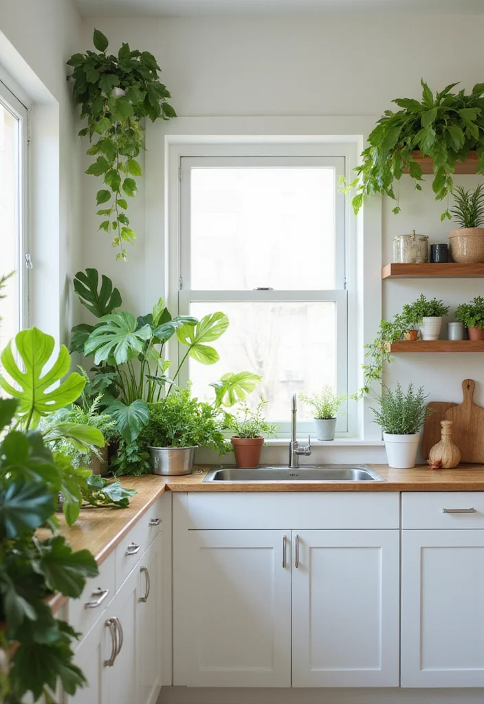 14 White Kitchen Ideas for Clean Bright Timeless Style 9. Greenery for Freshness