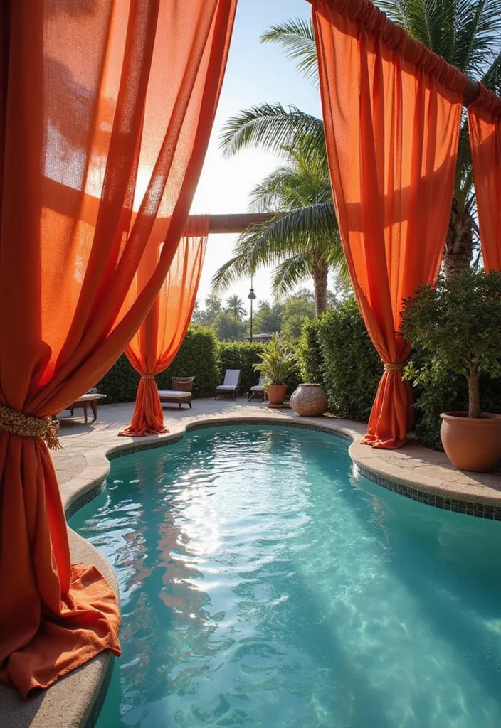 15 Backyard Pool Decorating Ideas for Color Comfort and Style 12. Beautiful Poolside Curtains