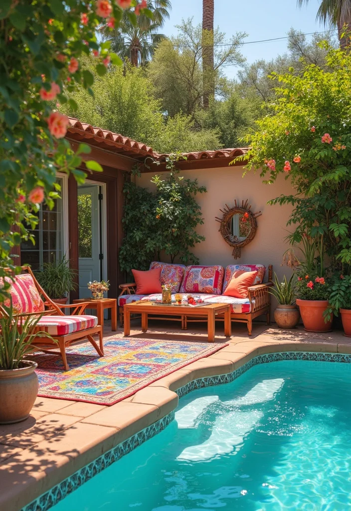 15 Backyard Pool Decorating Ideas for Color Comfort and Style 3. Colorful Outdoor Rugs