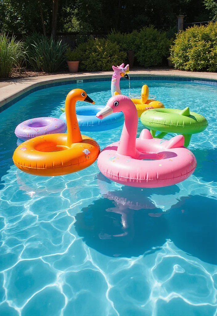 15 Backyard Pool Decorating Ideas for Color Comfort and Style 9. Vibrant Pool Floats