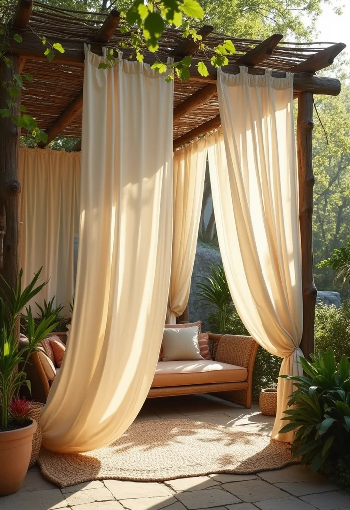 15 Backyard Privacy Ideas for Calm Comfortable Seclusion 3. Cozy Outdoor Curtains