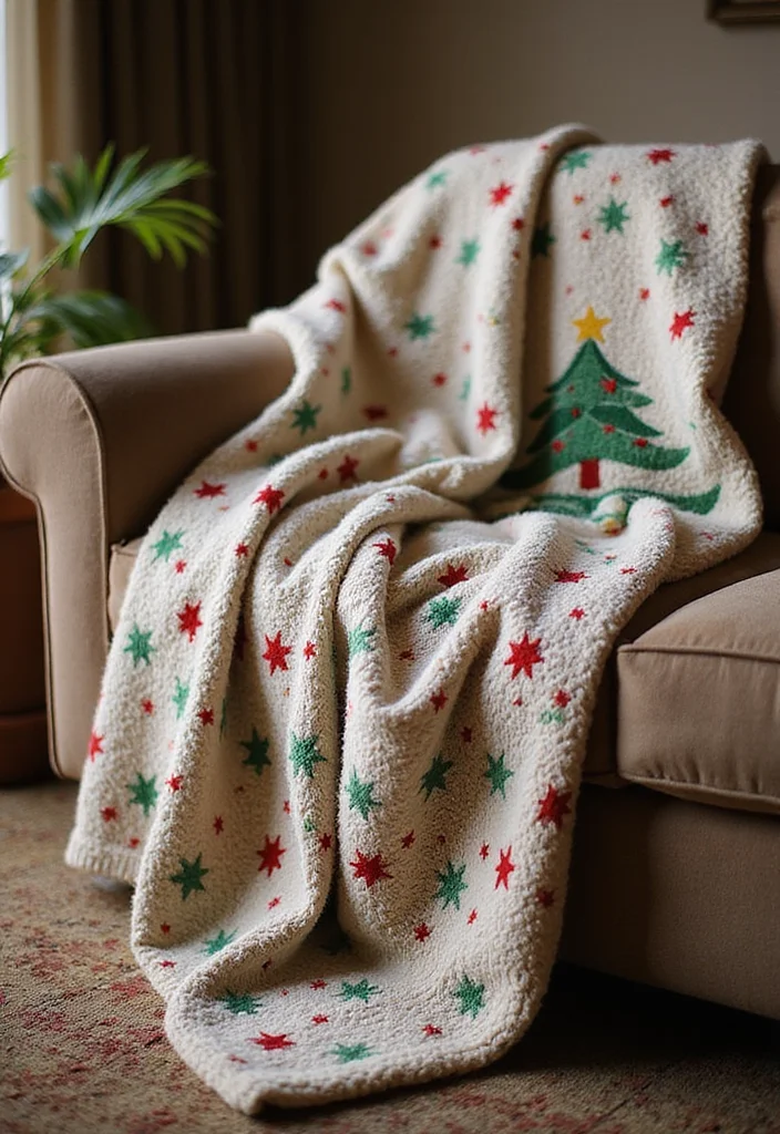 15 Christmas Decor Ideas for Living Rooms With Festive Charm 12. Holiday Themed Throw Blankets