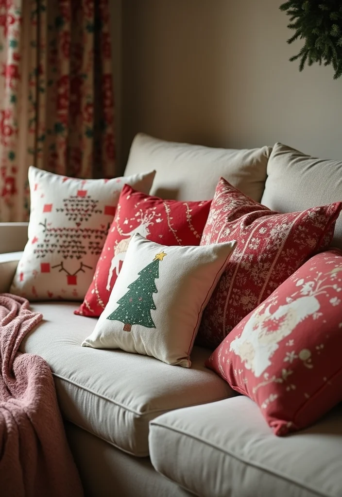 15 Christmas Decor Ideas for Living Rooms With Festive Charm 3. Festive Throw Pillows