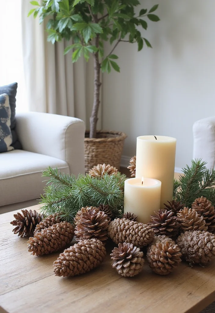 15 Christmas Decor Ideas for Living Rooms With Festive Charm 5. DIY Pinecone Decor