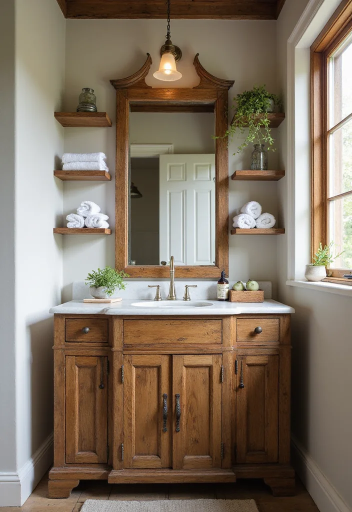 15 Farmhouse Bathroom Ideas With Warm Rustic Charm 2. Rustic Wood Vanity