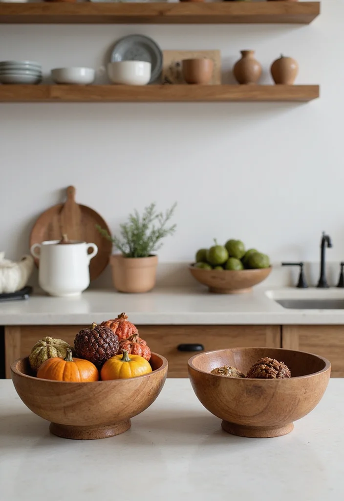 15 Kitchen Counter Decor Ideas for Simple Polished Looks 10. Timeless Wooden Bowls