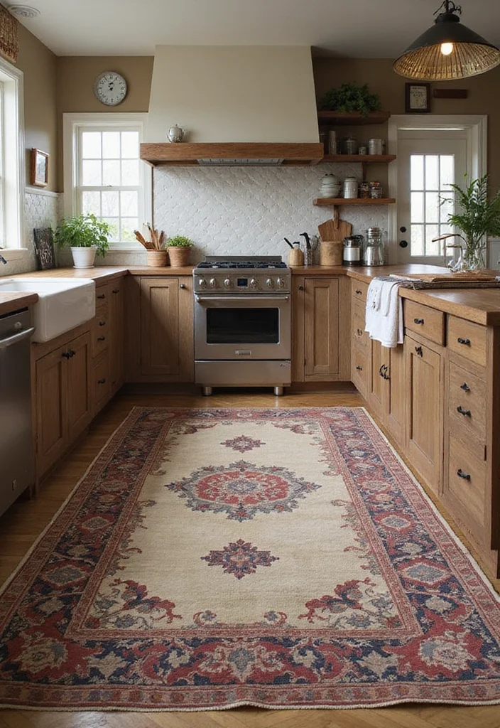 15 Kitchen Rug Ideas for Soft Texture and Added Warmth 7. Vintage Vibes