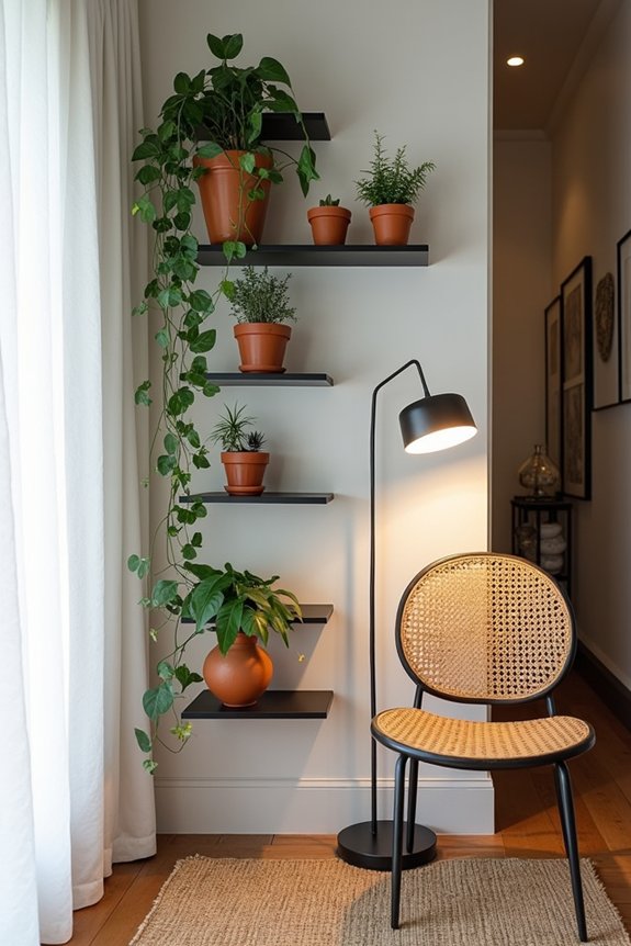 Transform Your Living Room Corner: 7 Decorating Ideas That Work 3 vertical shelves with cascading plants essentials